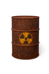A rusty barrel with a radiation hazard symbol, isolated on a transparent background. Symbolizes danger, pollution, and nuclear waste.