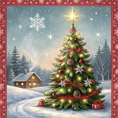 a christmas card with a christmas tree and a star