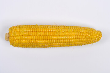 A single yellow corn cob is centered horizontally against a plain white studio background