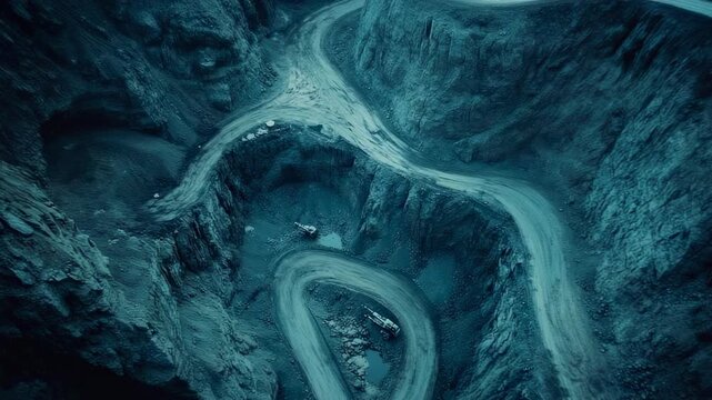 A moody, top-down view of a serpentine road inside a deep, rocky mining pit