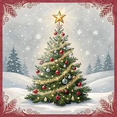 a christmas card with a christmas tree and a star