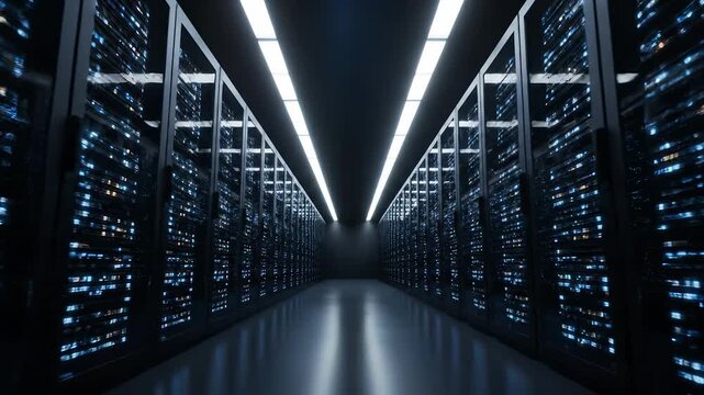 Server rack rows line long corridor. Datacenter holds critical data technology. Network cloud computing power infrastructure. Cybersecurity protects equipment operations. LED lighting creates glow.
