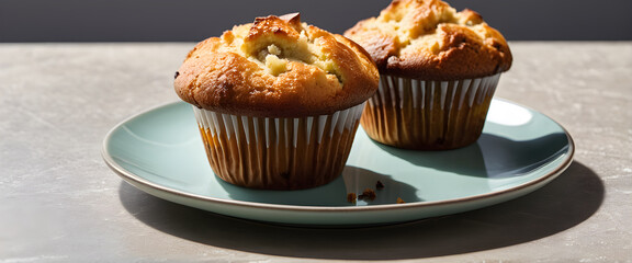 Two delicious muffins on turquoise plate over marble table. Freshly baked cupcakes with crumbs on elegant surface. Tasty muffins resting on plate in cozy setting.