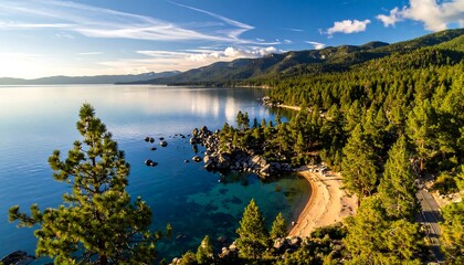 Aerial view of a serene lake bordered by a sandy beach, rocky shore, and evergreen forest