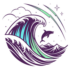 Ocean wave with dolphin jumping out of the water at night