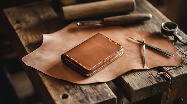 Authentic and rustic shot of a handmade leather wallet resting on a workbench with traditional leatherworking tools, showcasing the art of craftsmanship.