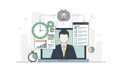 Business productivity and time management concept. Businessman on laptop with to-do list, clock, and calendar. Workflow optimization, project planning, and efficiency.