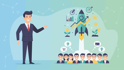 Business startup presentation with businessman showing rocket launch symbolizing growth, success, innovation, leadership, and financial achievement in corporate strategy.