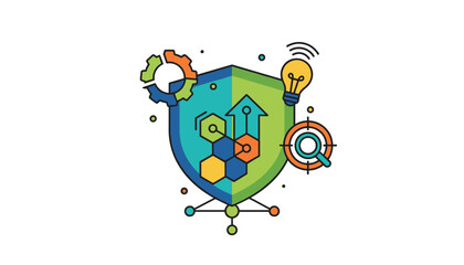Business strategy for digital marketing, data protection, and innovation. Abstract icon concept for SEO, growth, security, and analysis. Vector shield, gear, and target symbol.