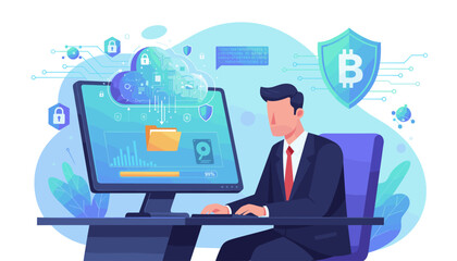 Businessman downloading data from secure cloud. Concept of data protection, network security, blockchain technology, cryptocurrency finance, and online document storage.