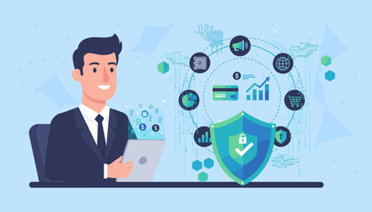 Fintech concept. Businessman with tablet for online banking, investment, e-commerce. Data protection, cybersecurity with shield for safe digital payment and transaction.