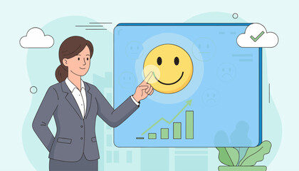 Businesswoman choosing happy smile emoticon on customer satisfaction survey. Concept of positive feedback, user experience rating, service quality review, performance growth.