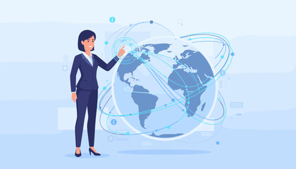 Businesswoman touching global network. International business connection and data exchange. Worldwide communication technology concept. Planet Earth with virtual interface. Future.