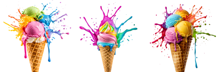 A set of waffle cones with colorful ice cream scoops in a splash of melted multicolored ice cream, isolated on a transparent PNG background