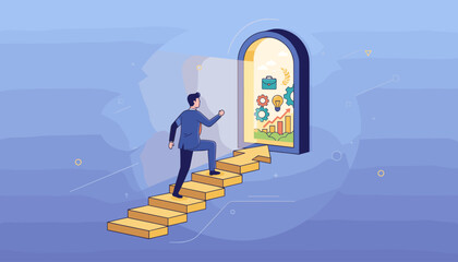 Career opportunity concept. Businessman climbing arrow stairs to a doorway of success. Solution for business growth and development. Metaphor for progress, achievement, and goals.