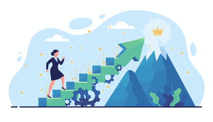 Businesswoman climbing career ladder for growth and success. Leadership and ambition concept. Arrow path to the top of the mountain with a crown. Vector illustration.