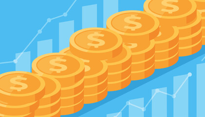 Close up rows of golden coins for finance and banking concept. Isometric vector illustration with money stacks. Financial growth chart, investment success, market profit and savings.