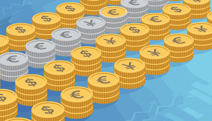 Isometric vector concept of global finance, currency exchange, and banking. Stacks of gold and silver coins with dollar, euro, and yen symbols for money growth and investment.