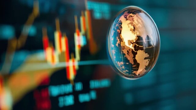 Global Financial Horizon: A mesmerizing glass sphere, adorned with a gilded world map, floats before a dynamic backdrop of fluctuating financial charts.