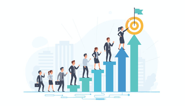 Career ladder growth concept with business people climbing up arrow chart. Metaphor for success, ambition, achievement, and promotion. Woman leader reaches the target goal.