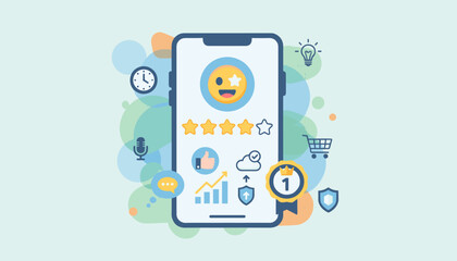 Customer review satisfaction feedback survey concept. Mobile phone with online star rating. User experience, positive emoji, growth chart, award, thumbs up, shopping cart.