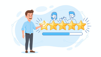 Customer service experience concept. Businessman client giving a five star rating for online support. Man leaving satisfaction review with positive feedback. Excellent quality.