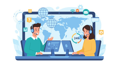 Customer service online support center concept. Hotline operators with headsets. Global technical assistance. Man and woman agents at computers. 24h worldwide client help.