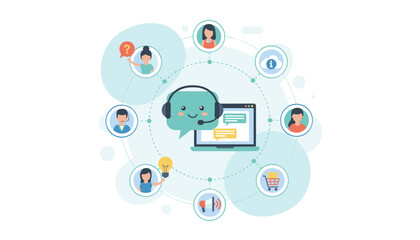 Customer service concept with chatbot and live support. Business communication network for helpdesk, CRM, and e-commerce. Technical assistance and client interaction.