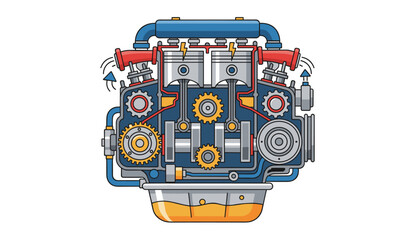 Car engine in cut. Vector cartoon illustration. Internal combustion motor cross-section. Automotive mechanism with pistons, gears and crankshaft. Technical auto service.