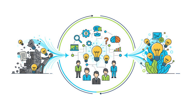 Business innovation process from problem to solution. Teamwork brainstorming for new ideas. Breaking barriers for creative growth and success. Business development strategy.