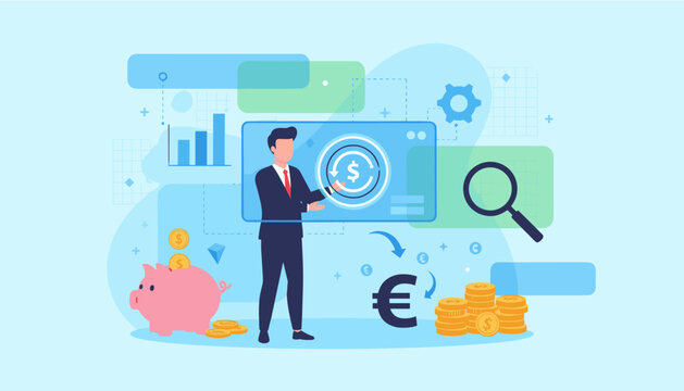 Cost reduction business finance concept. Budget management and money saving. Financial analysis for profit. Investment strategy. Currency exchange. Man optimizing expenses.