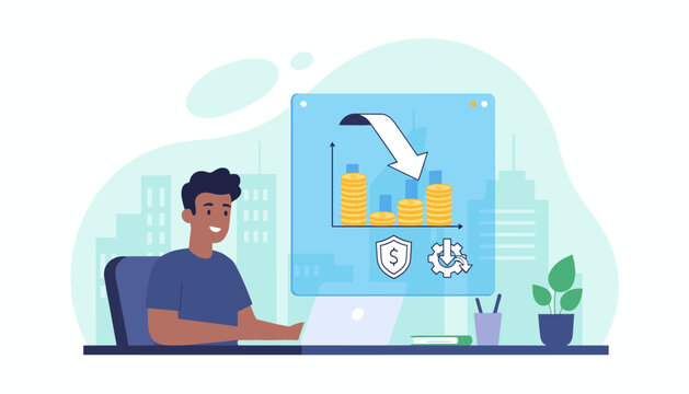 Cost reduction business finance concept. Man analyzing budget. Expense cutting and money saving strategy. Financial crisis, price decrease chart. Investment risk management.