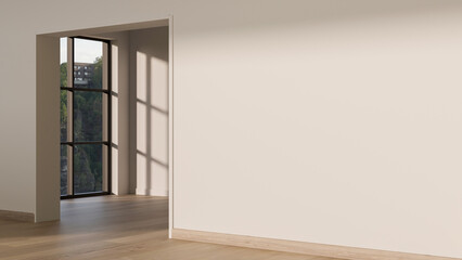 Empty white wall room with sunlight shining on wooden parquet floor and scenery outside glass window
