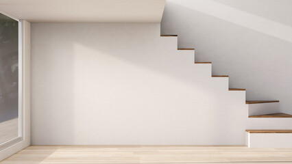 Fototapeta premium Empty mockup room with stairs and sunlight through glass door on white wall and wooden parquet floor