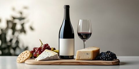 Red wine with gourmet cheese and grapes on elegant wooden tray