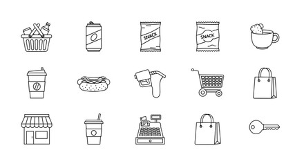 Shopping and retail icons collection with snacks, beverages, key, basket, cart, cash register, hot dog, coffee cup, shopping bags, fuel pump, and store front minimalist line art