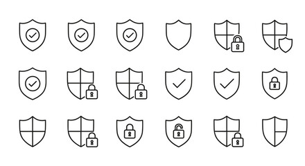 Security shield icon set. Protection, safety, defense concept. Vector line art. Check mark for verified guarantee. Lock and padlock for privacy, access. Cybersecurity symbol.