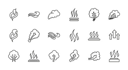 Steam smoke line icon set. Hot vapor, smell, heat symbols. Cooking steam, cigarette smoke, wind blow signs. Fire flame, airflow, odor pictograms collection. Outline graphic.