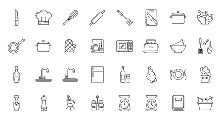 Kitchen and cooking line icons set. Culinary tools, utensils, and gastronomy equipment. Vector symbols for restaurant, home cooking, food prep, recipes and appliances.