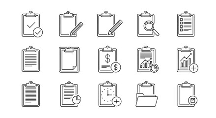 Clipboard line icon set. Business document, report, and checklist vector icons. Task management, survey, audit, financial analysis, project planning, and office symbols.