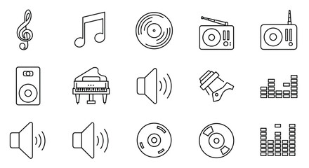 Music and audio line icon set. Collection of sound symbols like piano, radio, vinyl record, speaker, CD, and equalizer. Editable stroke vector illustration for web, app design.