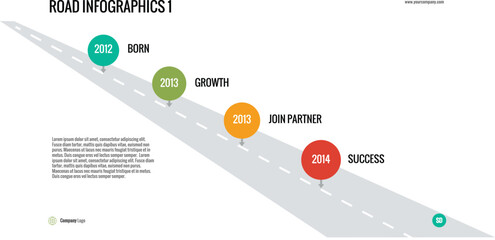 Road infographics 1: a timeline roadmap illustrating key milestones like birth, growth, and success, perfect for company history, project timelines, or personal journeys