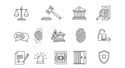 Law justice line icon set. Crime investigation, court trial concepts. Police, lawyer, judge symbols. Gavel, scales of justice, fingerprint, prison cell, legal document.