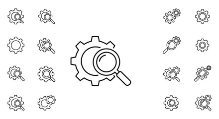 Search settings icon pack. Magnifying glass over gear. Find configuration, setup options, & analysis. Technical inspection & audit concept. SEO optimization, discovery vector.