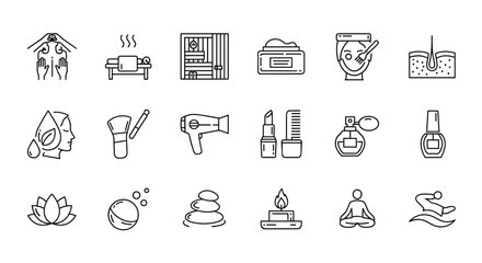 Spa and wellness icons set with massage, sauna, cosmetics, skincare, beauty, meditation, relaxation, aromatherapy, yoga, and self-care symbols in minimal outline style