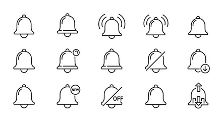 Notification Bell Icons Set, Alert and Mute Symbols, New and Download Notifications, User Interface Notification Elements Outline Vector, Communication and Alert Concept