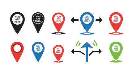 Colorful You Are Here Location Markers with Navigation Arrows, Pinpoint Map Icons for GPS, Directional Pointer Symbols in Red Blue Green and Black for Maps and Navigation