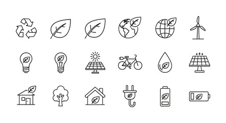 Ecology line icon set. Green energy and sustainability symbols. Renewable resources signs. Eco friendly concept. Solar panel, wind turbine, recycling, leaf, planet earth, battery.