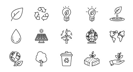 Ecology line icon set. Environment, sustainability, renewable green energy concepts. Vector icons of leaf, recycle, solar panel, wind turbine, water drop, planet earth, plant.
