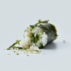 Broken Sushi Roll with Scattered Rice and Torn Seaweed  isolated on White Background.